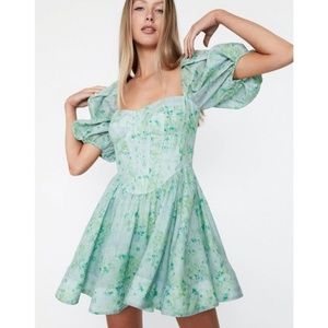 Bardot Light Green Floral Puff Sleeve Kiah Corset Mini Dress Size Medium
